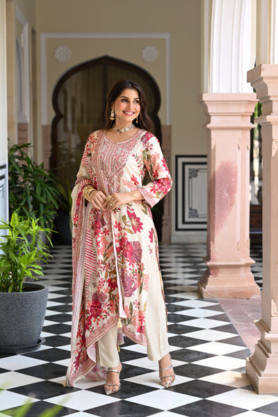 Hema Maliniji in White and Red Floral Thread Embroidery Muslin Suit Set