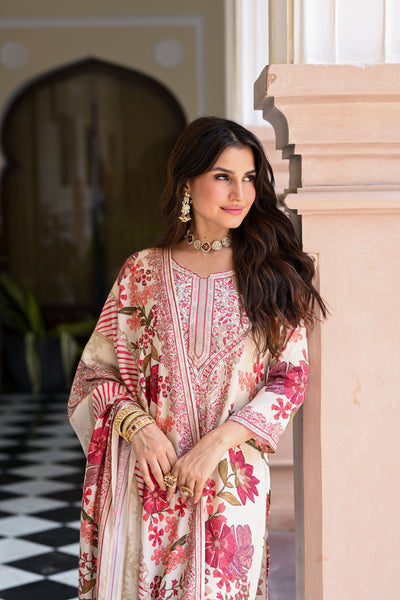 Hema Maliniji in White and Red Floral Thread Embroidery Muslin Suit Set