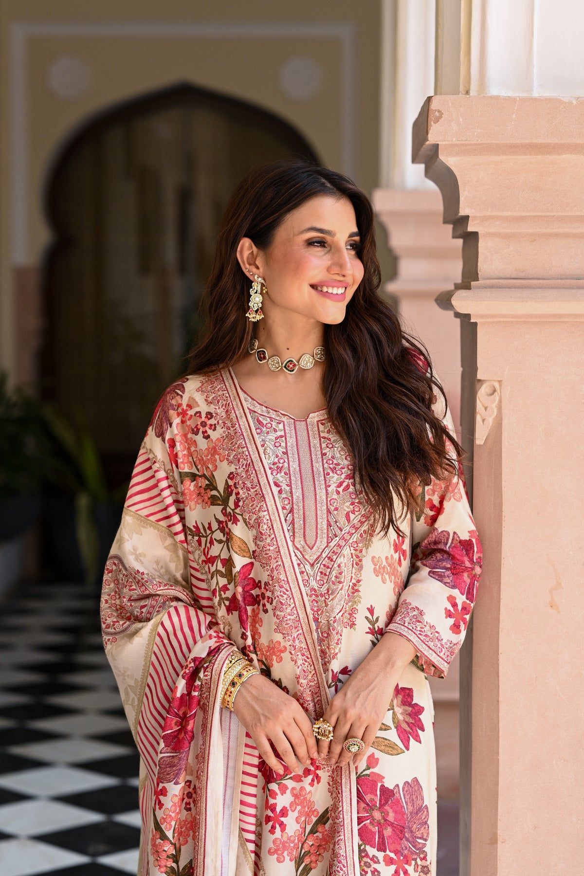 Hema Maliniji in White and Red Floral Thread Embroidery Muslin Suit Set
