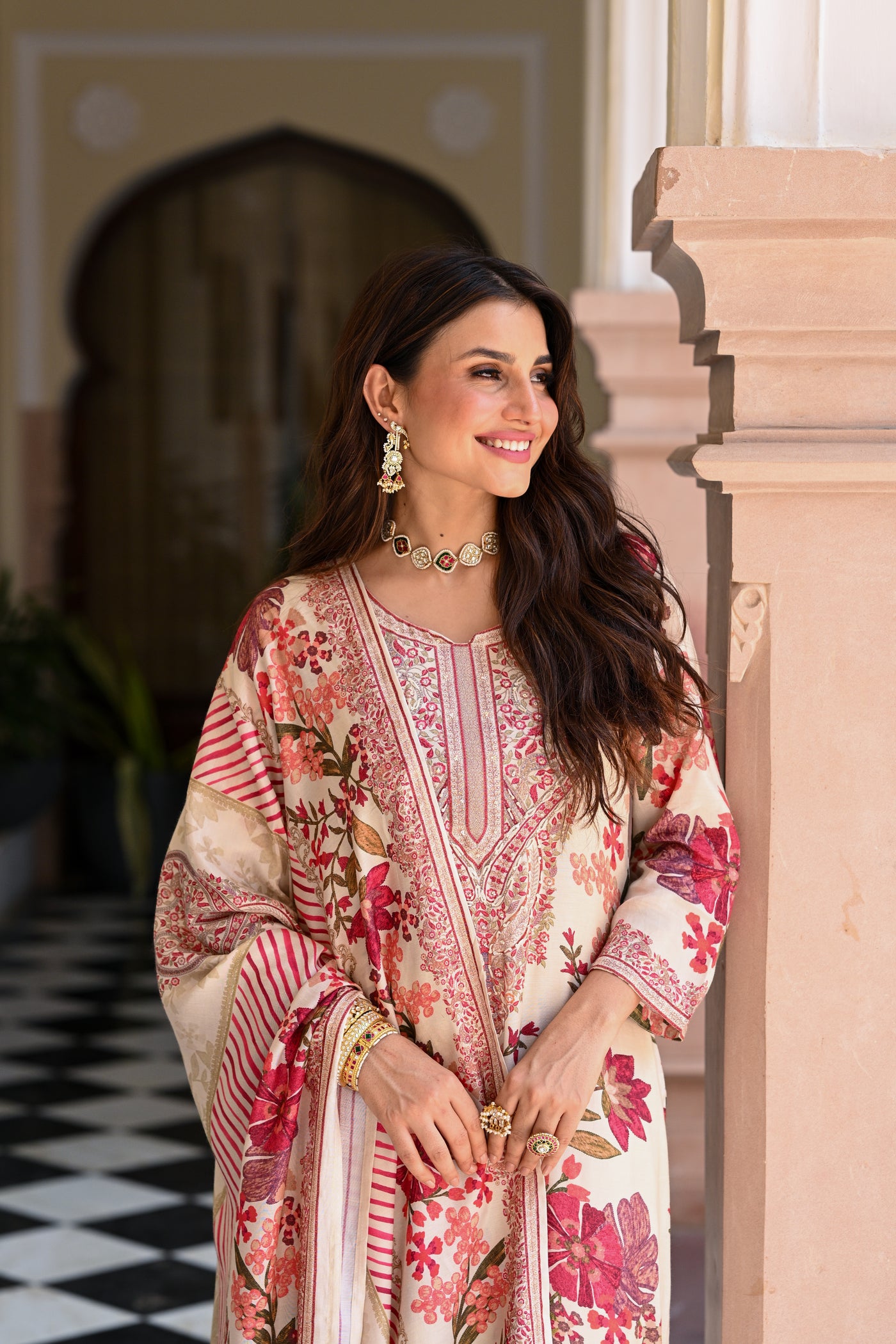 Hema Maliniji in White and Red Floral Thread Embroidery Muslin Suit Set