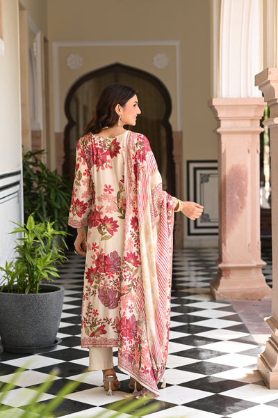 Hema Maliniji in White and Red Floral Thread Embroidery Muslin Suit Set