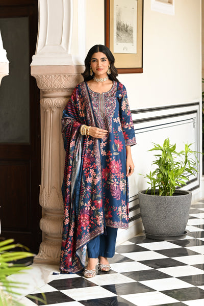Blue and Red Floral Thread Embroidery Muslin Suit Set