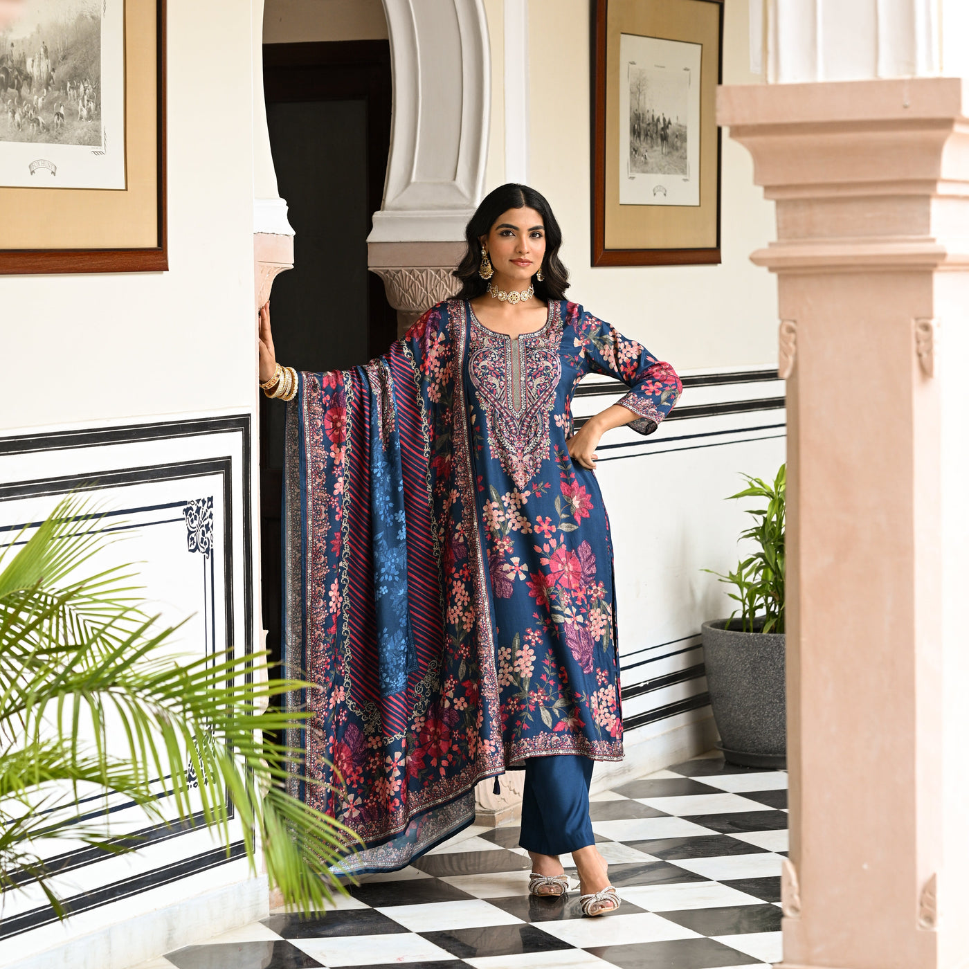 Blue and Red Floral Thread Embroidery Muslin Suit Set