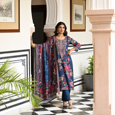 Blue and Red Floral Thread Embroidery Muslin Suit Set