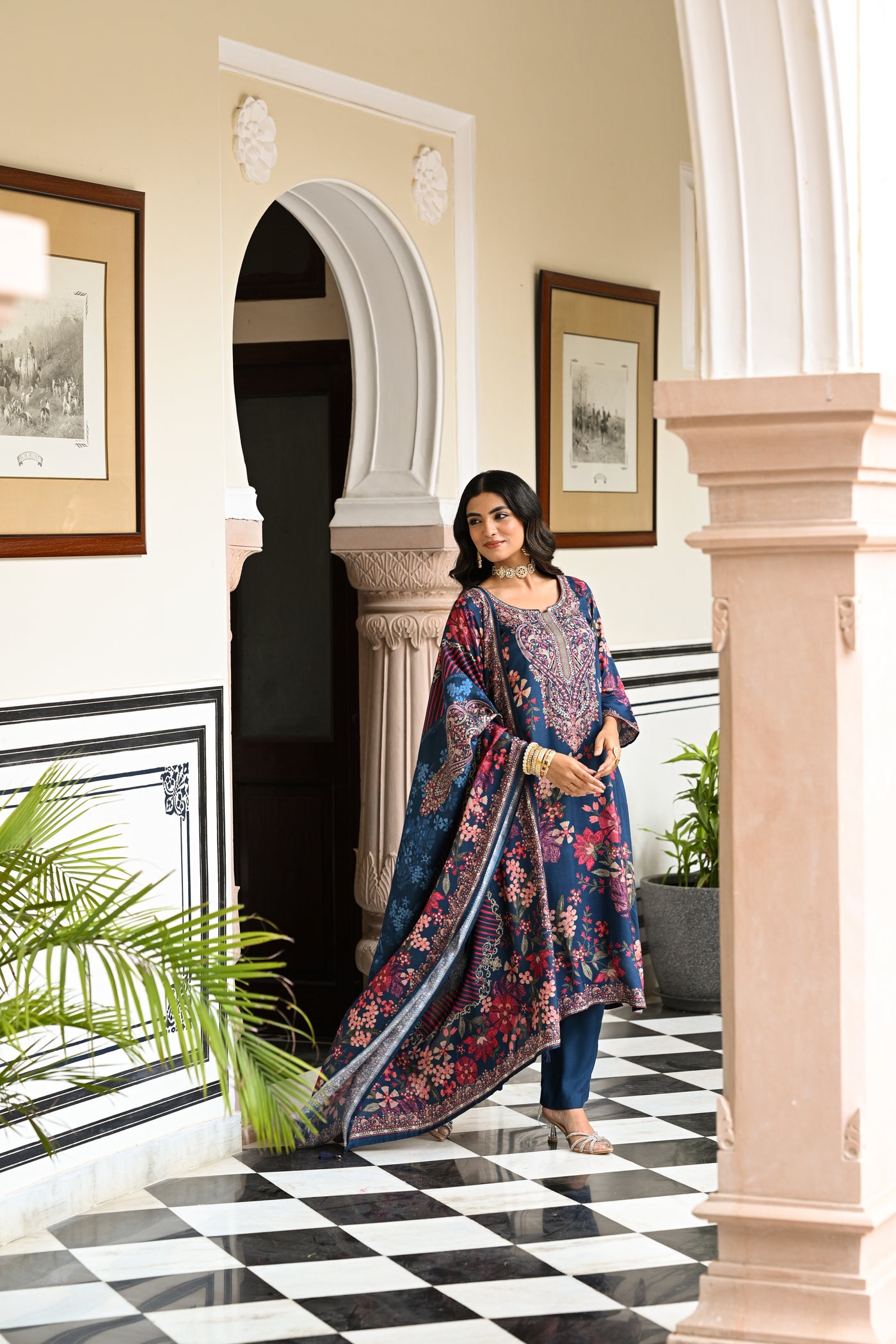 Blue and Red Floral Thread Embroidery Muslin Suit Set