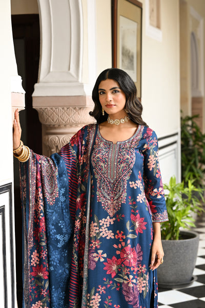 Blue and Red Floral Thread Embroidery Muslin Suit Set