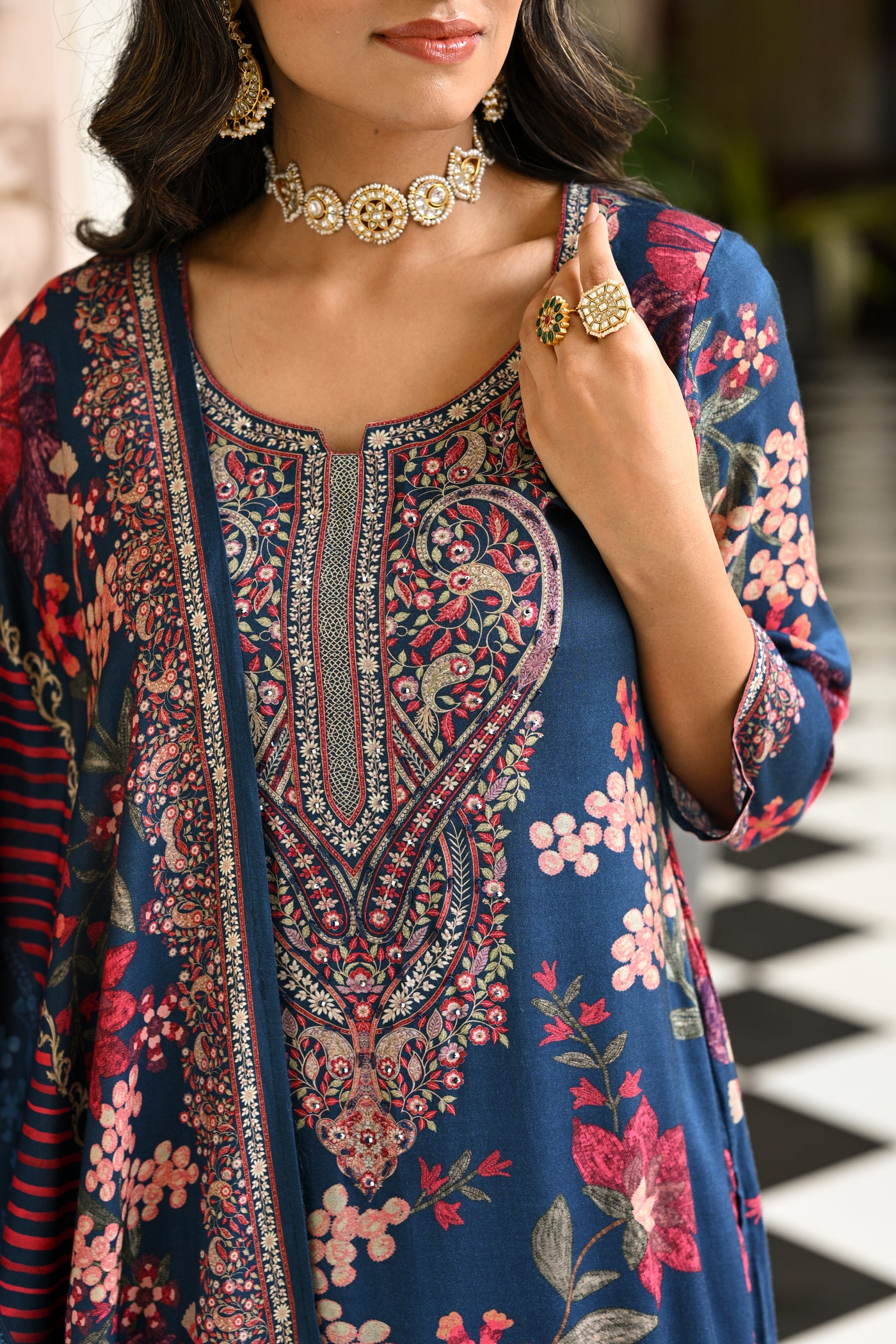 Blue and Red Floral Thread Embroidery Muslin Suit Set