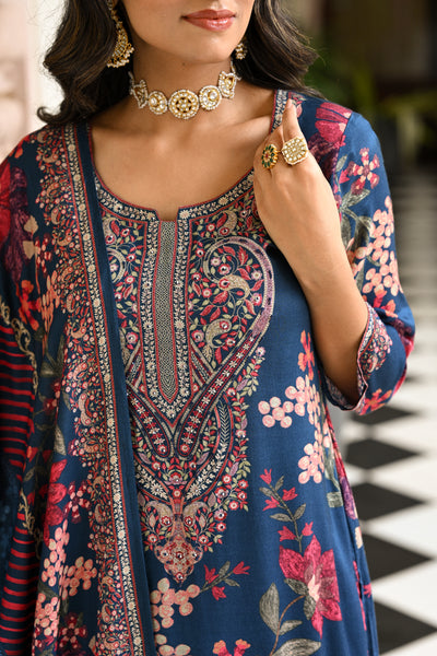 Blue and Red Floral Thread Embroidery Muslin Suit Set