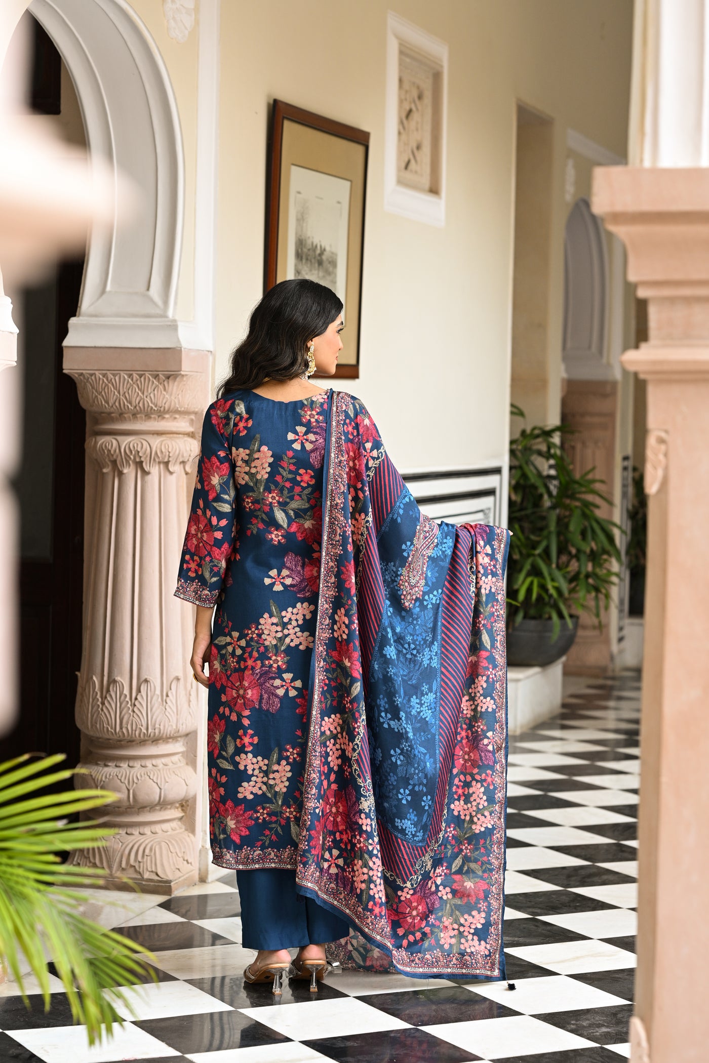 Blue and Red Floral Thread Embroidery Muslin Suit Set