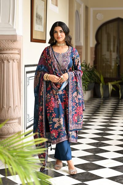 Blue and Red Floral Thread Embroidery Muslin Suit Set