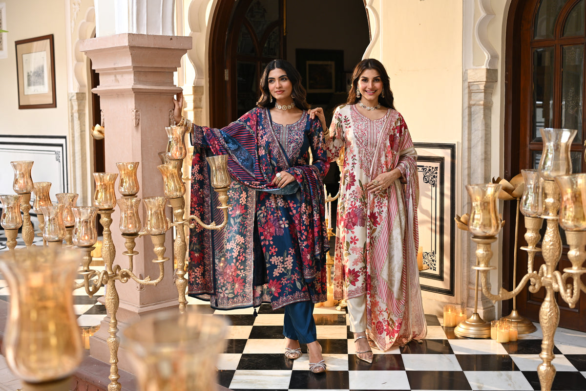 Blue and Red Floral Thread Embroidery Muslin Suit Set