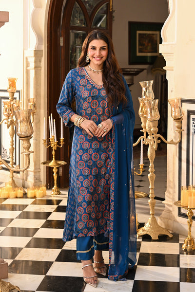 Blue Indigo Ajrakh Panel Print With Gota Spread Work Kurta with Pure Chiffon Dupatta Spread Gota Work and Muslin Ajrakh Border Suit Set