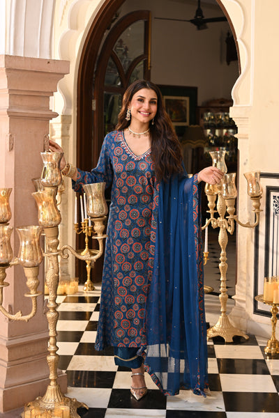 Blue Indigo Ajrakh Panel Print With Gota Spread Work Kurta with Pure Chiffon Dupatta Spread Gota Work and Muslin Ajrakh Border Suit Set
