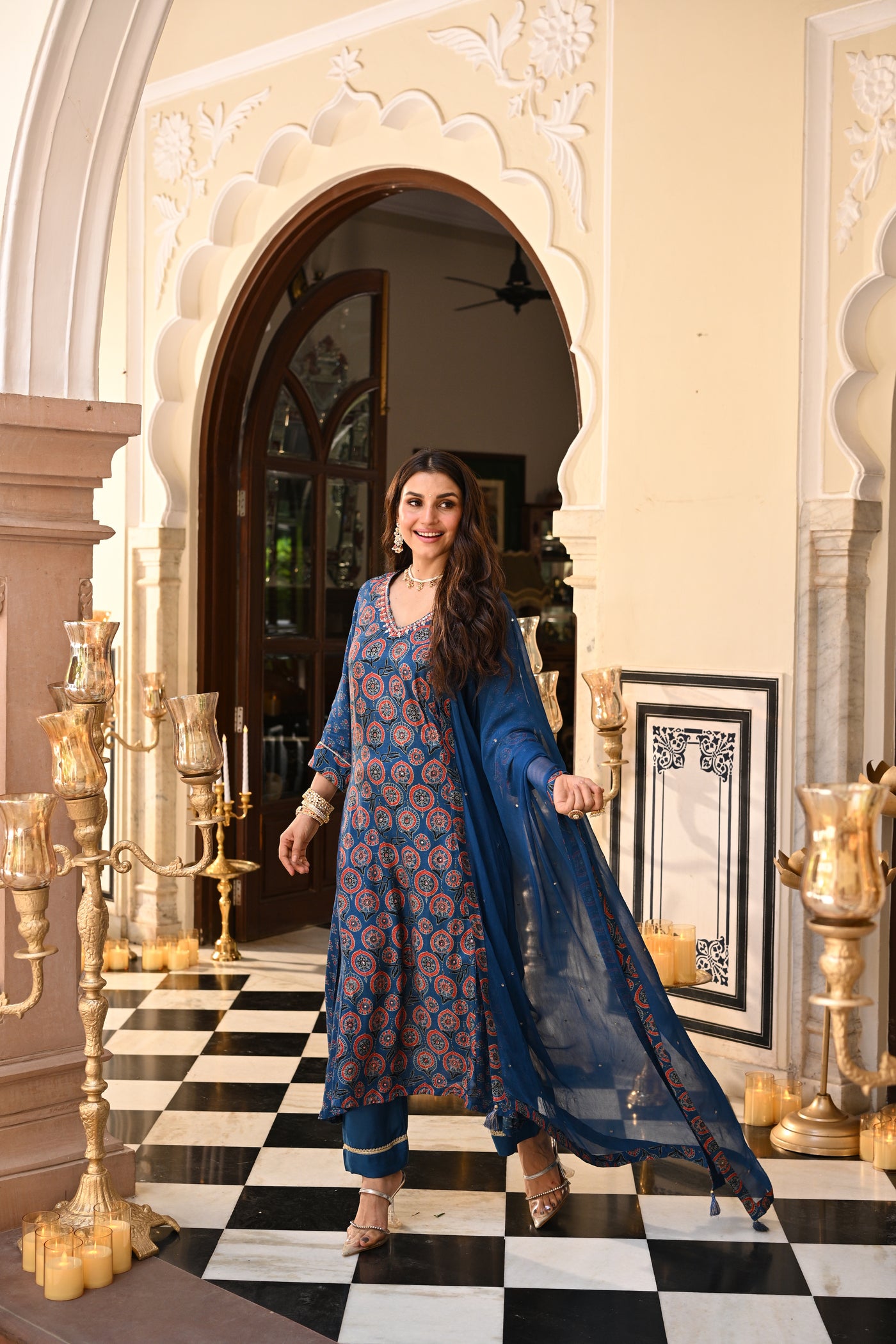 Blue Indigo Ajrakh Panel Print With Gota Spread Work Kurta with Pure Chiffon Dupatta Spread Gota Work and Muslin Ajrakh Border Suit Set