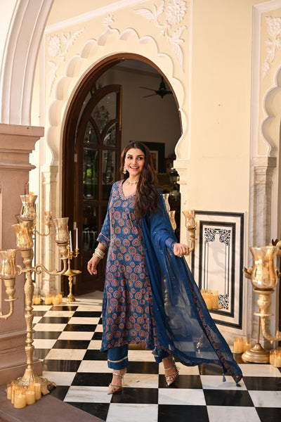 Blue Indigo Ajrakh Panel Print With Gota Spread Work Kurta with Pure Chiffon Dupatta Spread Gota Work and Muslin Ajrakh Border Suit Set