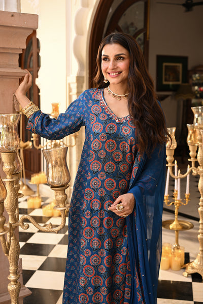 Blue Indigo Ajrakh Panel Print With Gota Spread Work Kurta with Pure Chiffon Dupatta Spread Gota Work and Muslin Ajrakh Border Suit Set