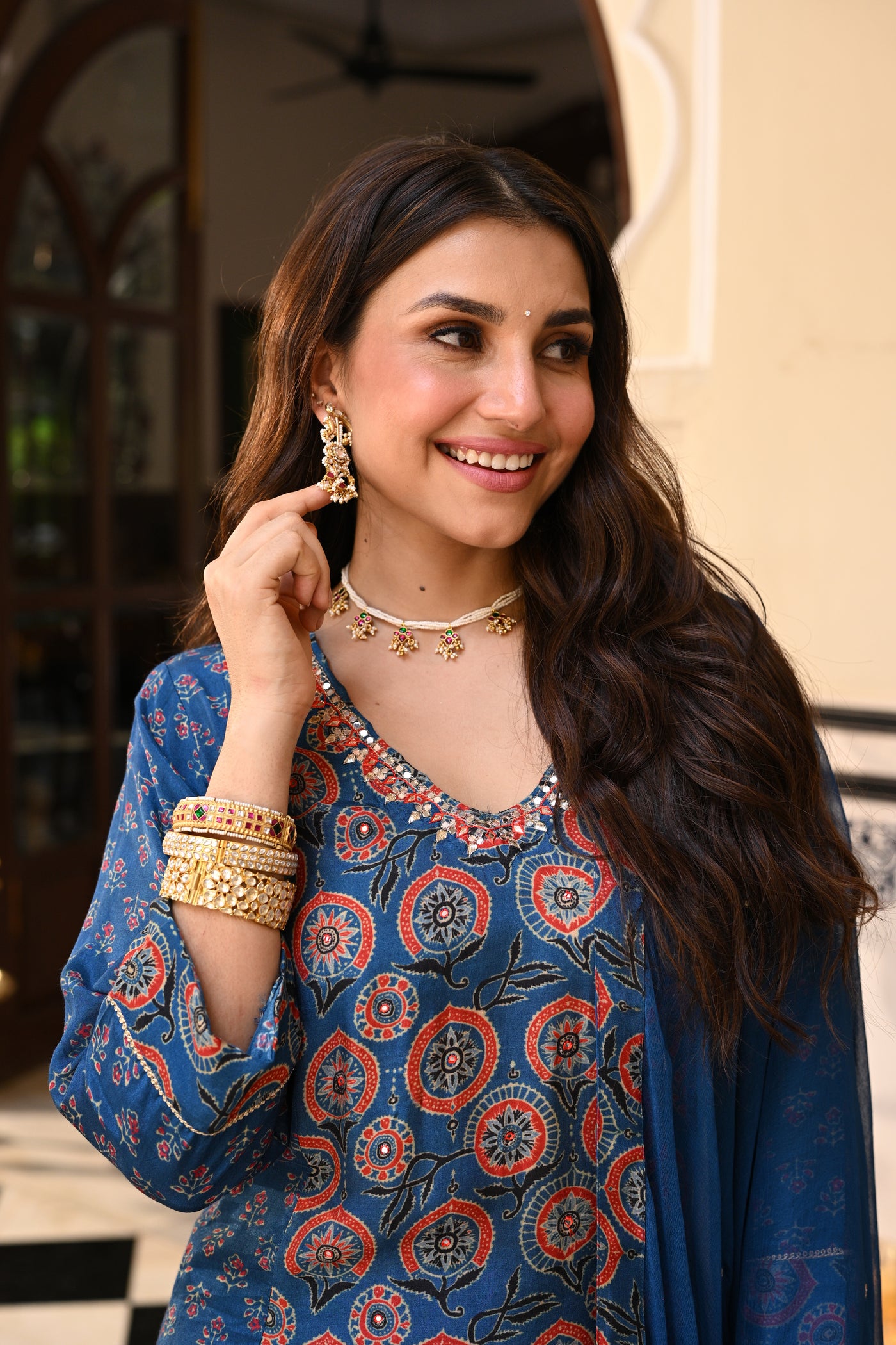 Blue Indigo Ajrakh Panel Print With Gota Spread Work Kurta with Pure Chiffon Dupatta Spread Gota Work and Muslin Ajrakh Border Suit Set