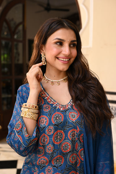Blue Indigo Ajrakh Panel Print With Gota Spread Work Kurta with Pure Chiffon Dupatta Spread Gota Work and Muslin Ajrakh Border Suit Set