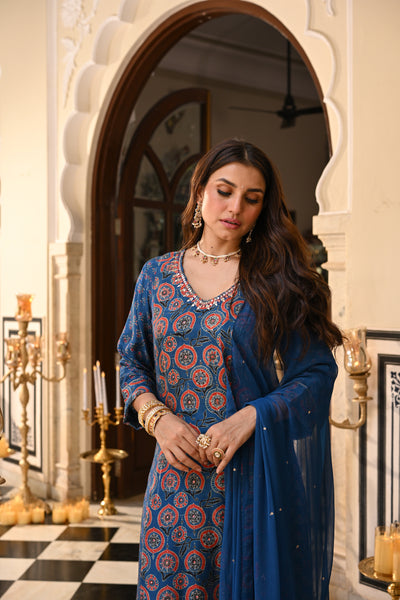 Blue Indigo Ajrakh Panel Print With Gota Spread Work Kurta with Pure Chiffon Dupatta Spread Gota Work and Muslin Ajrakh Border Suit Set
