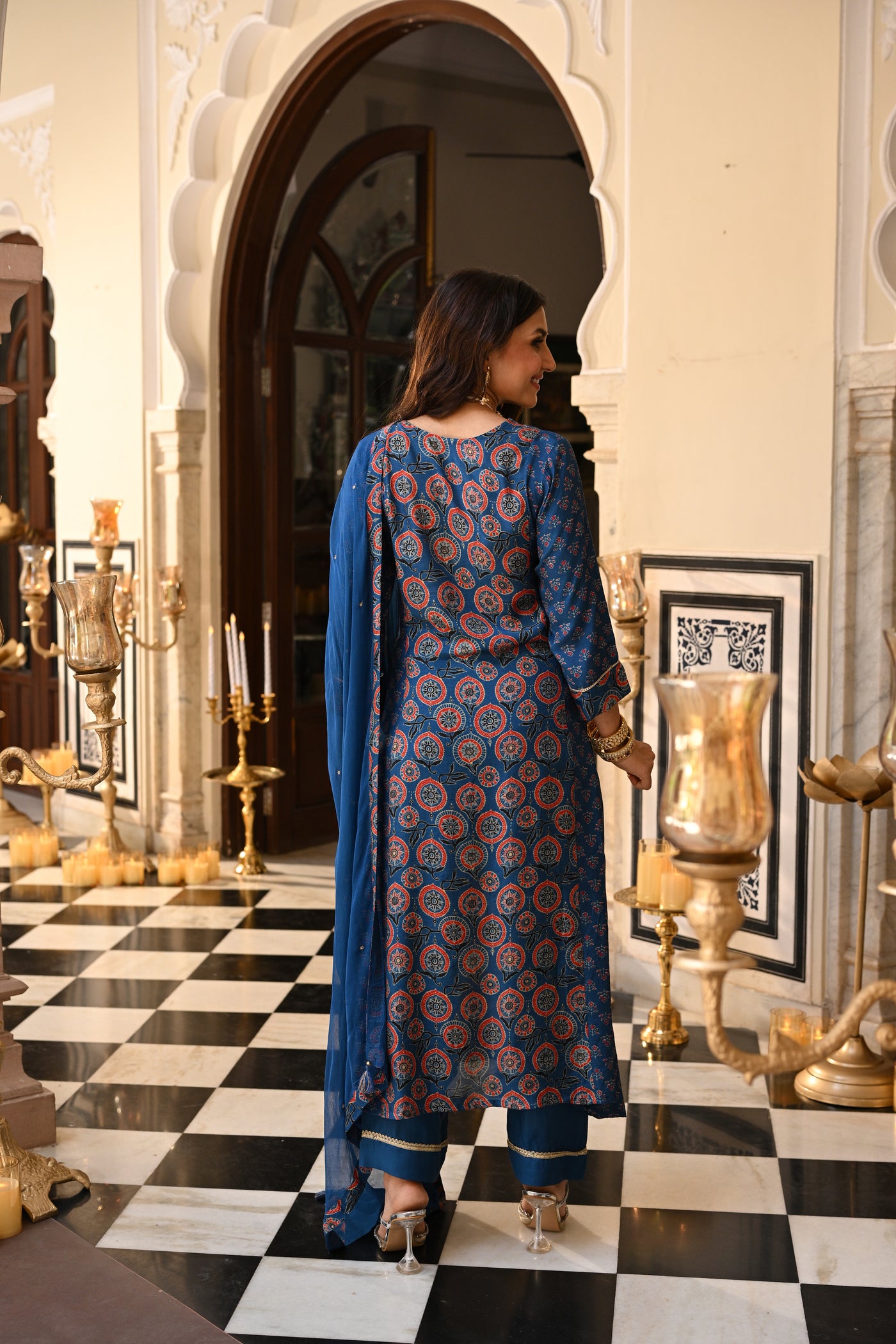 Blue Indigo Ajrakh Panel Print With Gota Spread Work Kurta with Pure Chiffon Dupatta Spread Gota Work and Muslin Ajrakh Border Suit Set