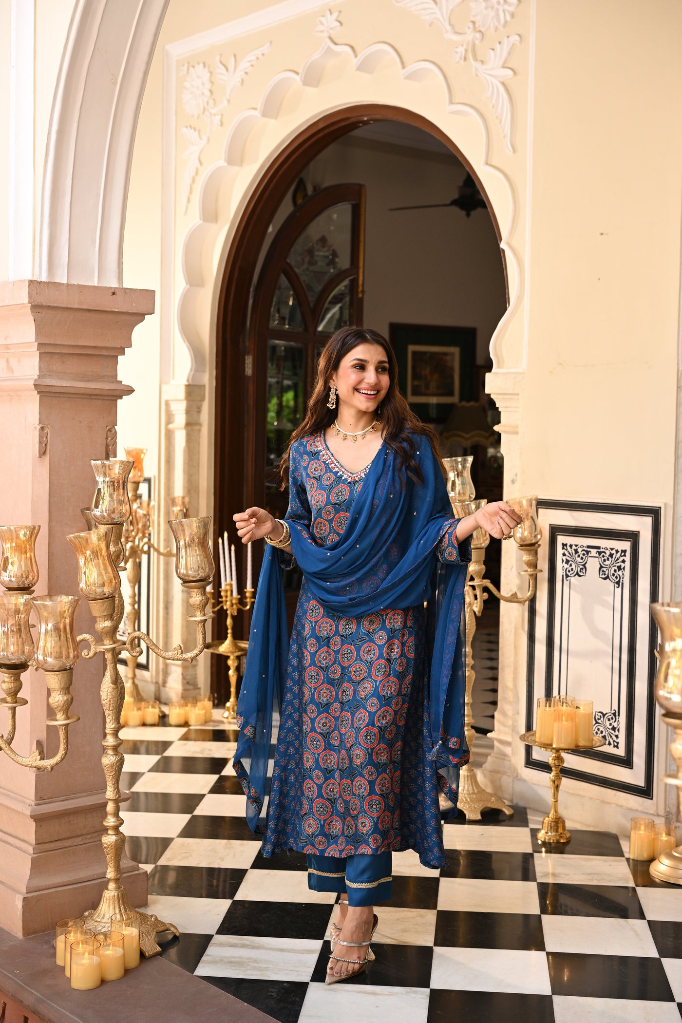 Blue Indigo Ajrakh Panel Print With Gota Spread Work Kurta with Pure Chiffon Dupatta Spread Gota Work and Muslin Ajrakh Border Suit Set