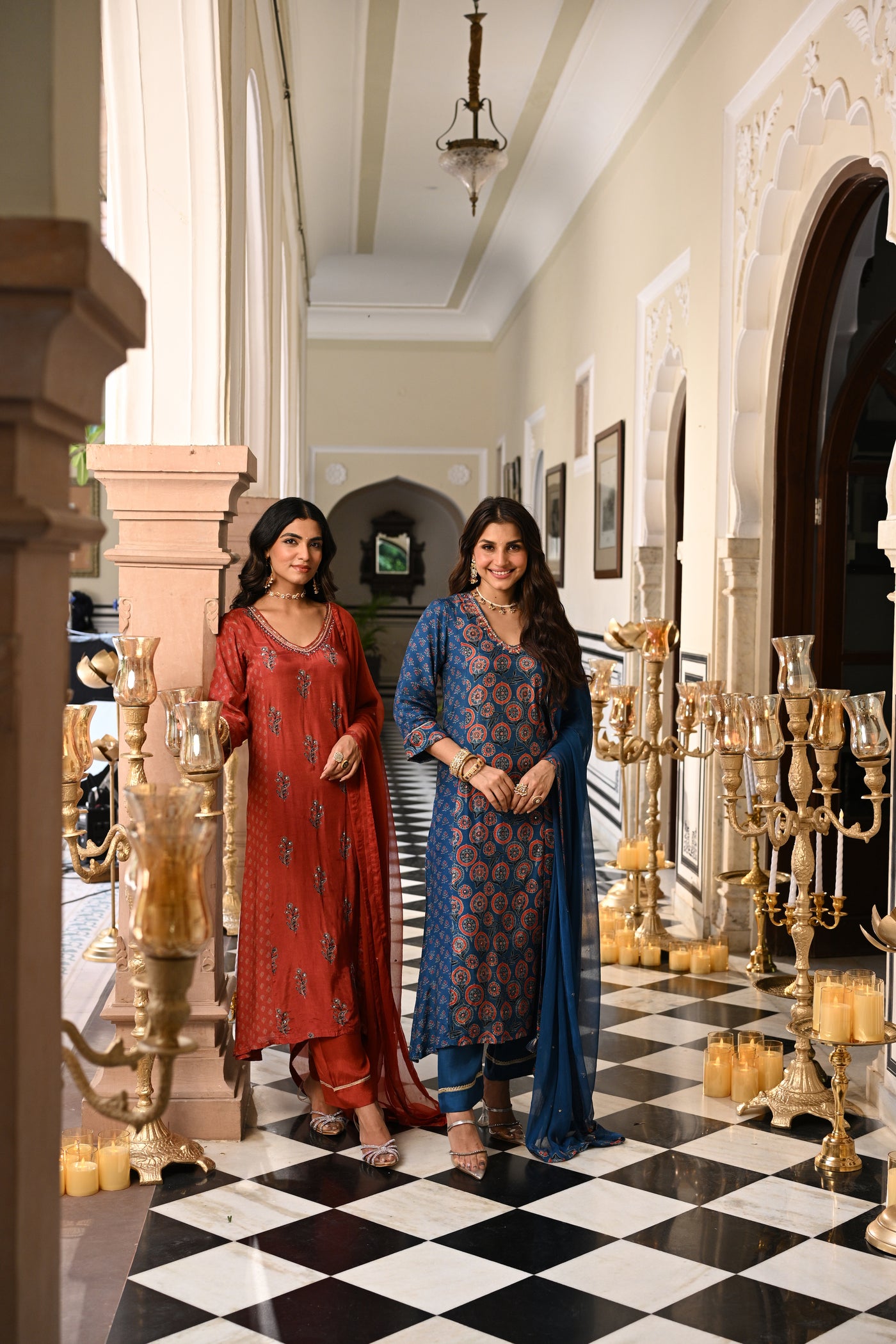 Blue Indigo Ajrakh Panel Print With Gota Spread Work Kurta with Pure Chiffon Dupatta Spread Gota Work and Muslin Ajrakh Border Suit Set