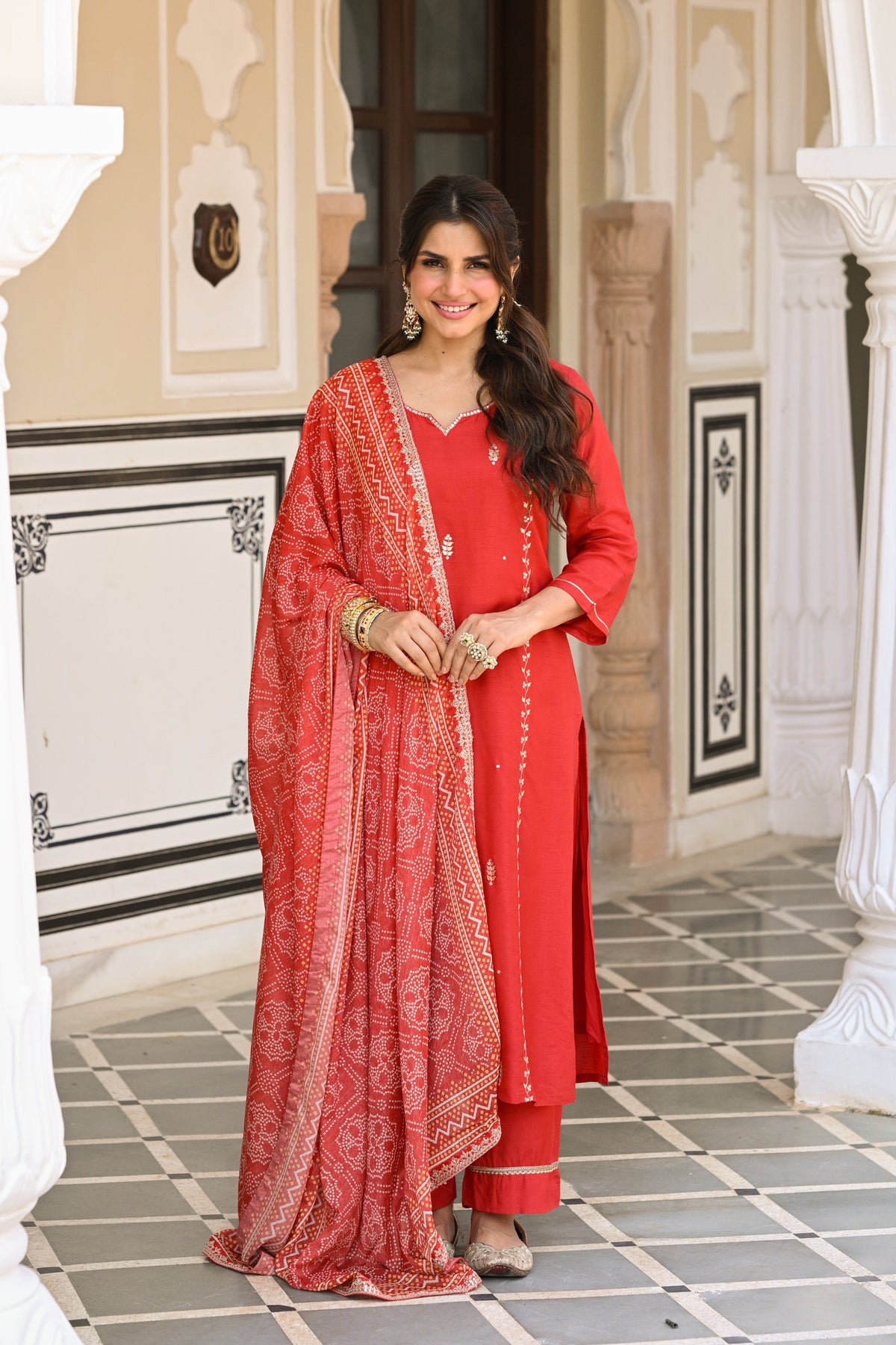 Red Suhaag gota and marodi work dola silk suit set with bandhani dupatta