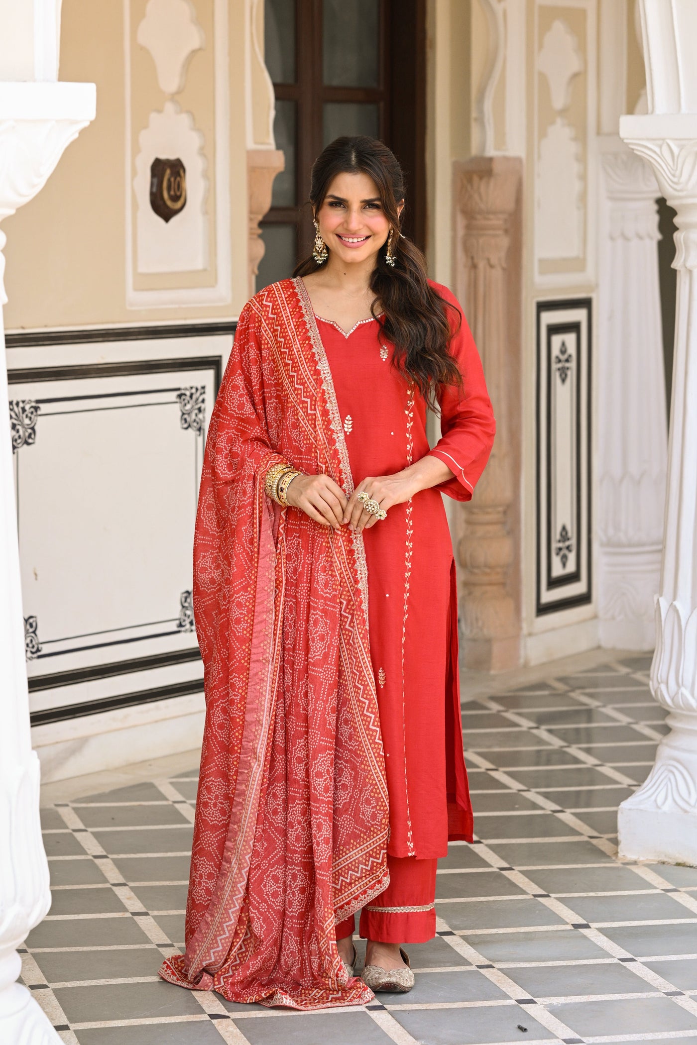 Red Suhaag gota and marodi work dola silk suit set with bandhani dupatta