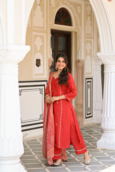 Red Suhaag gota and marodi work dola silk suit set with bandhani dupatta