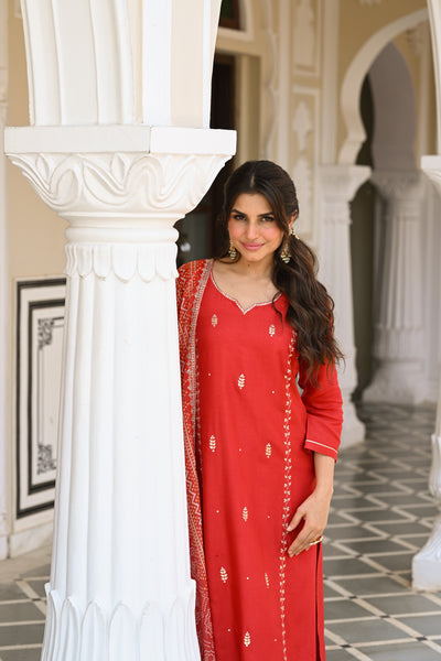 Red Suhaag gota and marodi work dola silk suit set with bandhani dupatta