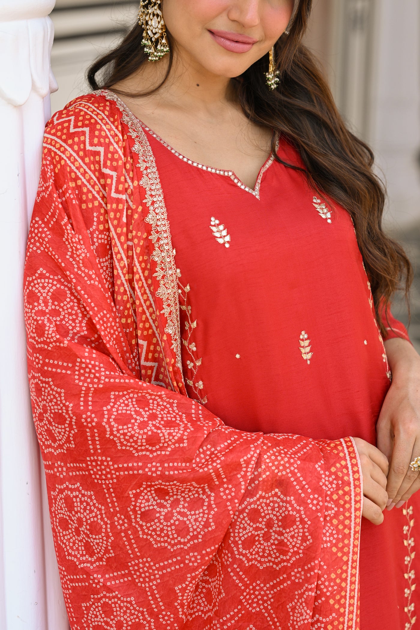 Red Suhaag gota and marodi work dola silk suit set with bandhani dupatta