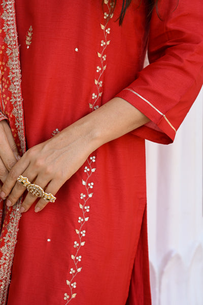Red Suhaag gota and marodi work dola silk suit set with bandhani dupatta