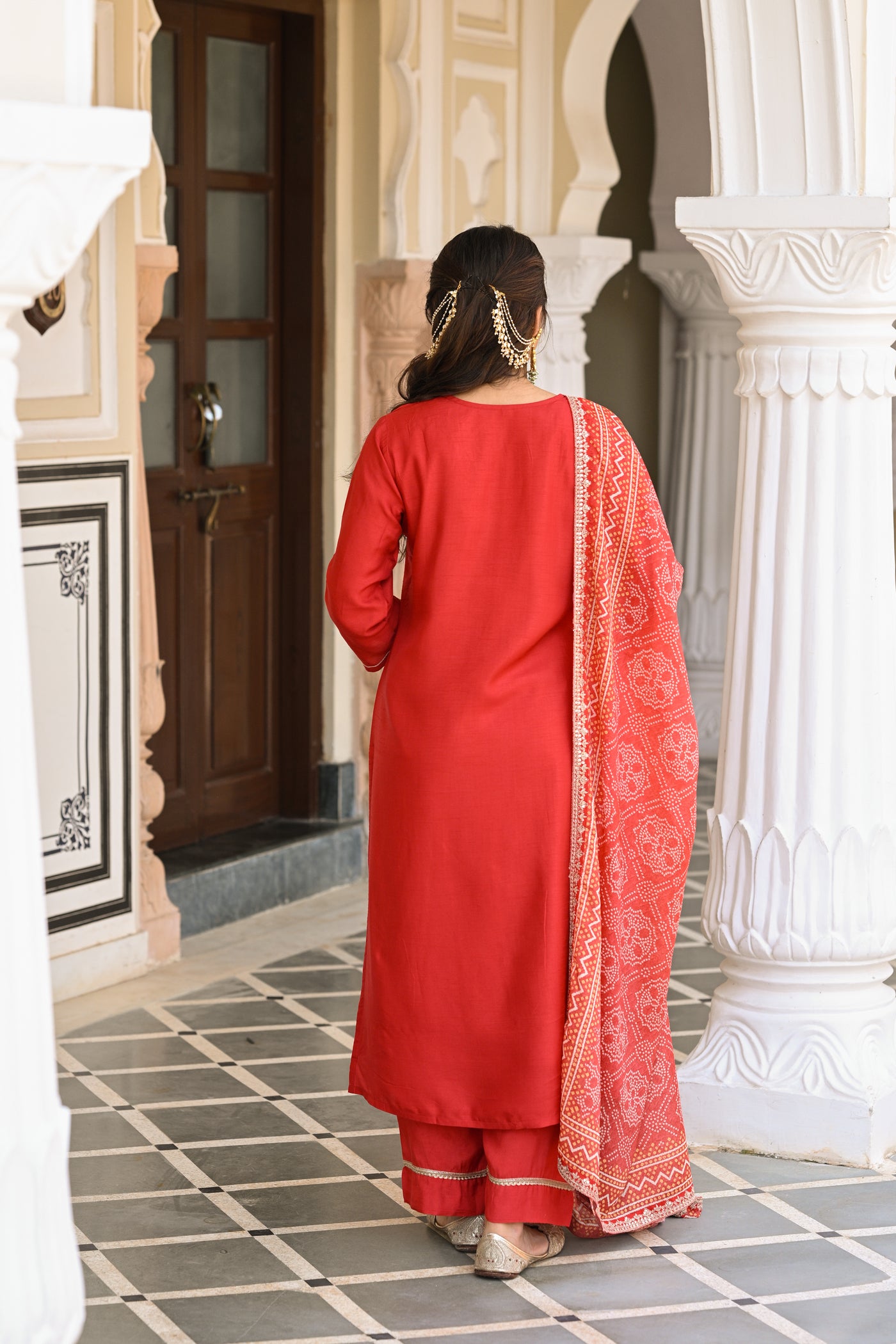 Red Suhaag gota and marodi work dola silk suit set with bandhani dupatta