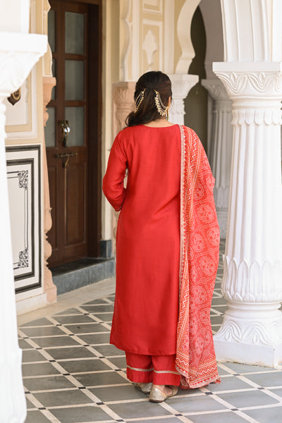 Red Suhaag gota and marodi work dola silk suit set with bandhani dupatta