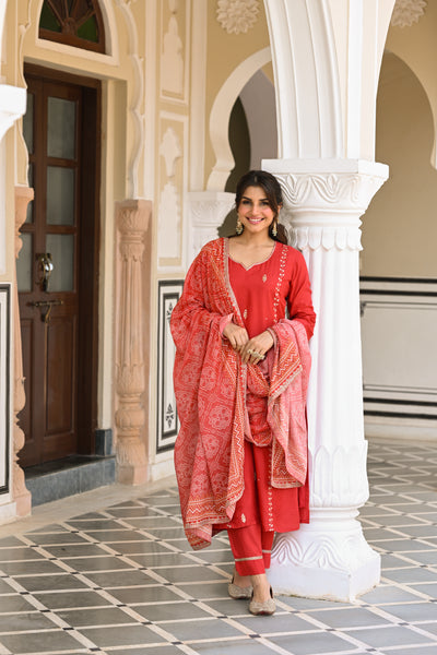 Red Suhaag gota and marodi work dola silk suit set with bandhani dupatta