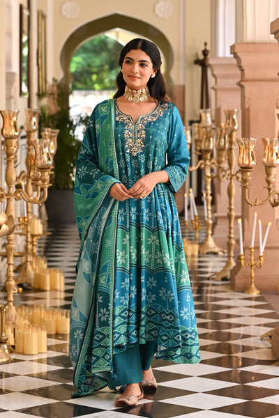 Bluish Green Muslin Anarkali Suit Set with Gota Work on Neck