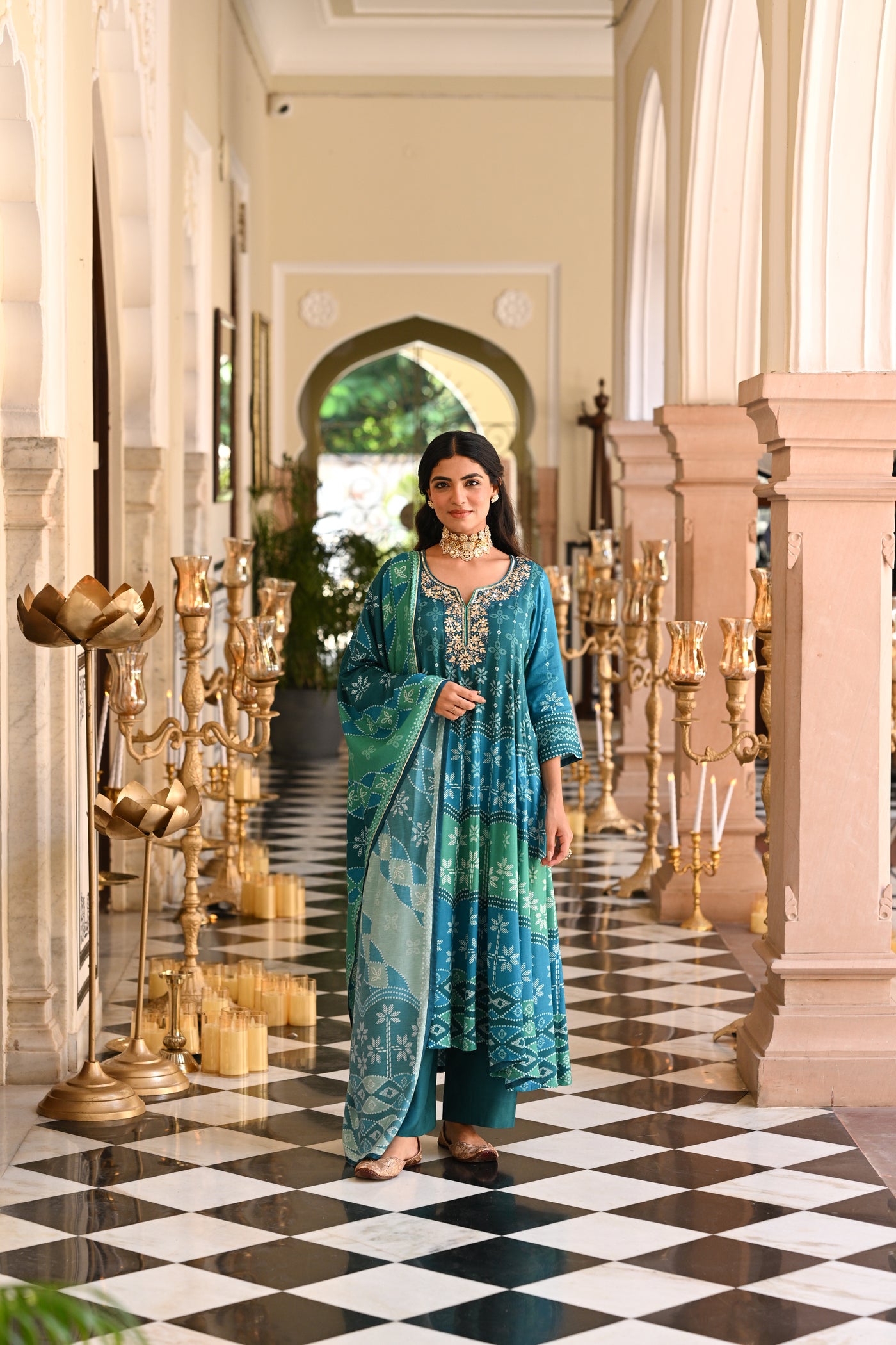 Bluish Green Muslin Anarkali Suit Set with Gota Work on Neck