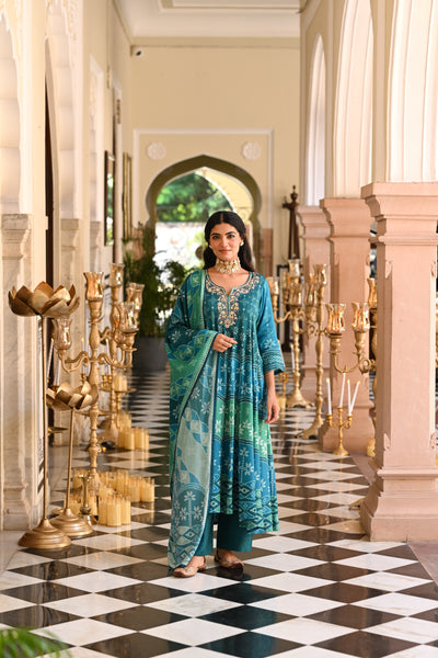 Bluish Green Muslin Anarkali Suit Set with Gota Work on Neck