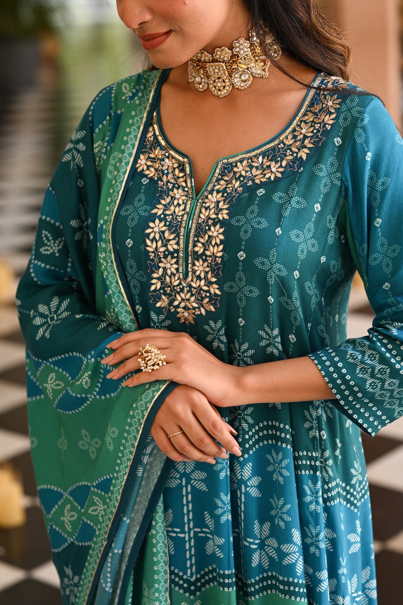 Bluish Green Muslin Anarkali Suit Set with Gota Work on Neck