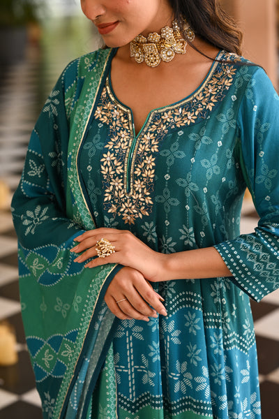 Bluish Green Muslin Anarkali Suit Set with Gota Work on Neck