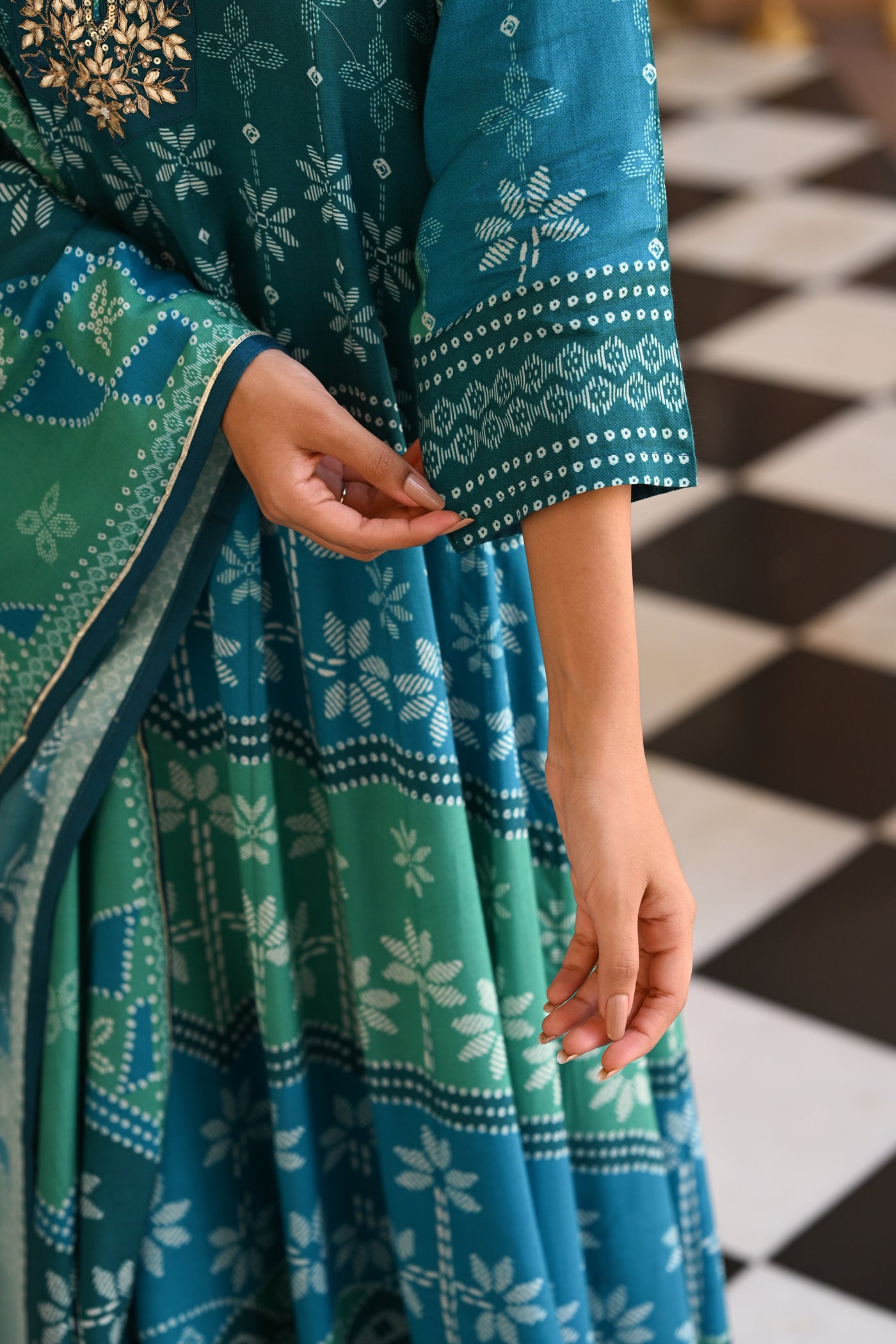 Bluish Green Muslin Anarkali Suit Set with Gota Work on Neck