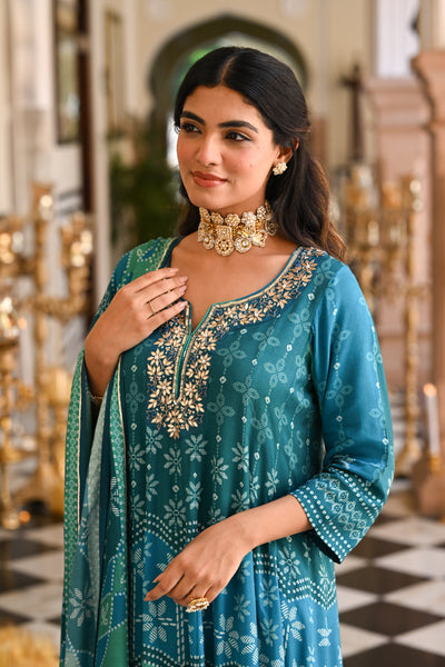 Bluish Green Muslin Anarkali Suit Set with Gota Work on Neck