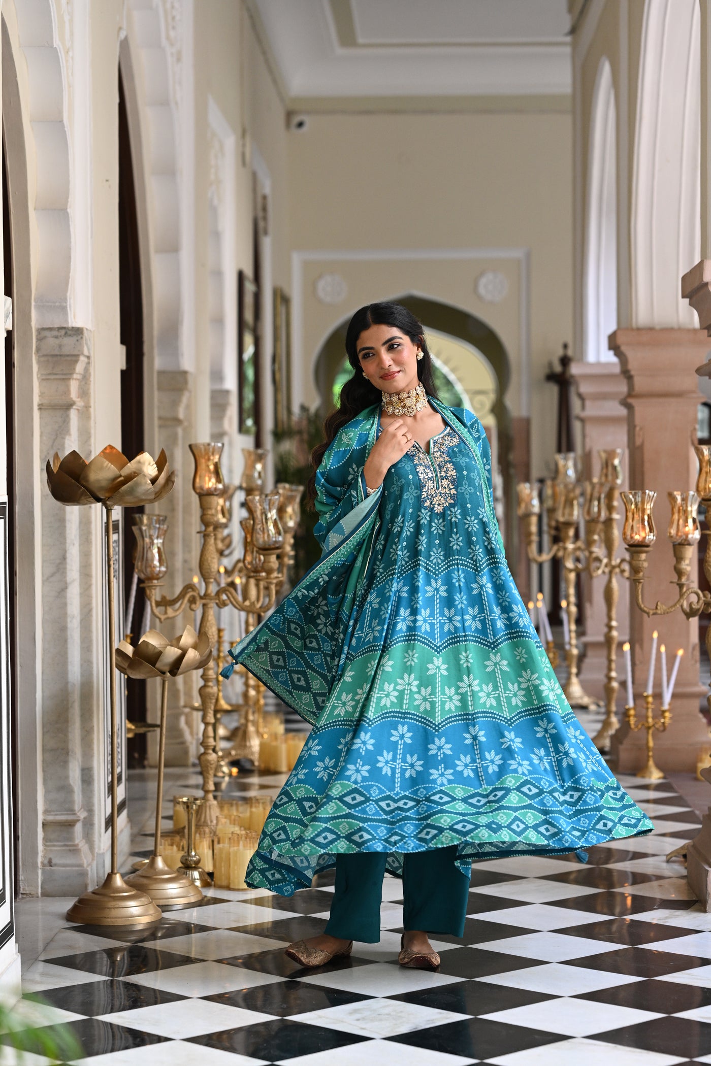 Bluish Green Muslin Anarkali Suit Set with Gota Work on Neck