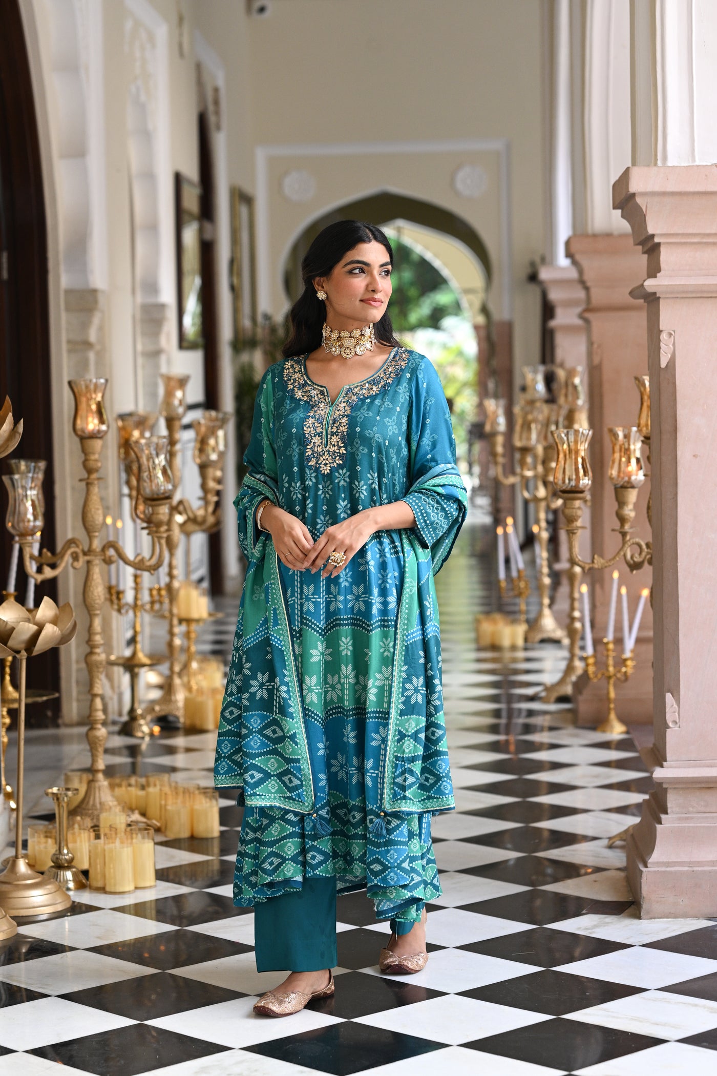 Bluish Green Muslin Anarkali Suit Set with Gota Work on Neck