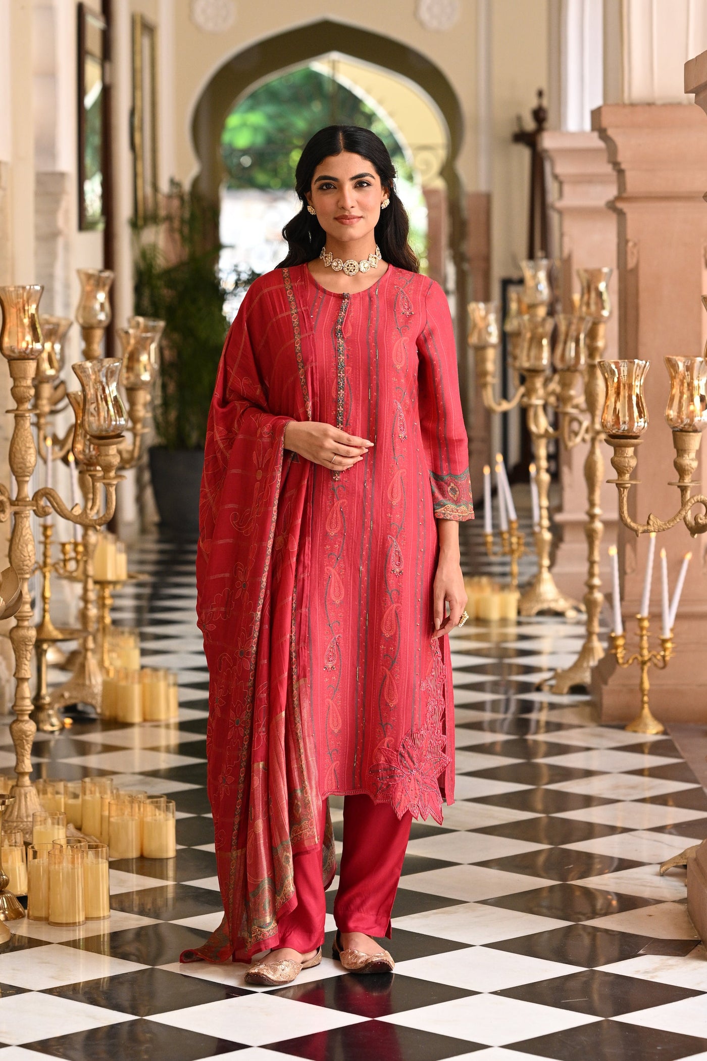 Cardinal Red Cut Work Scallope Kurta with Beads Work Paisley Print Kurta with Zari border Dupatta Suit Set