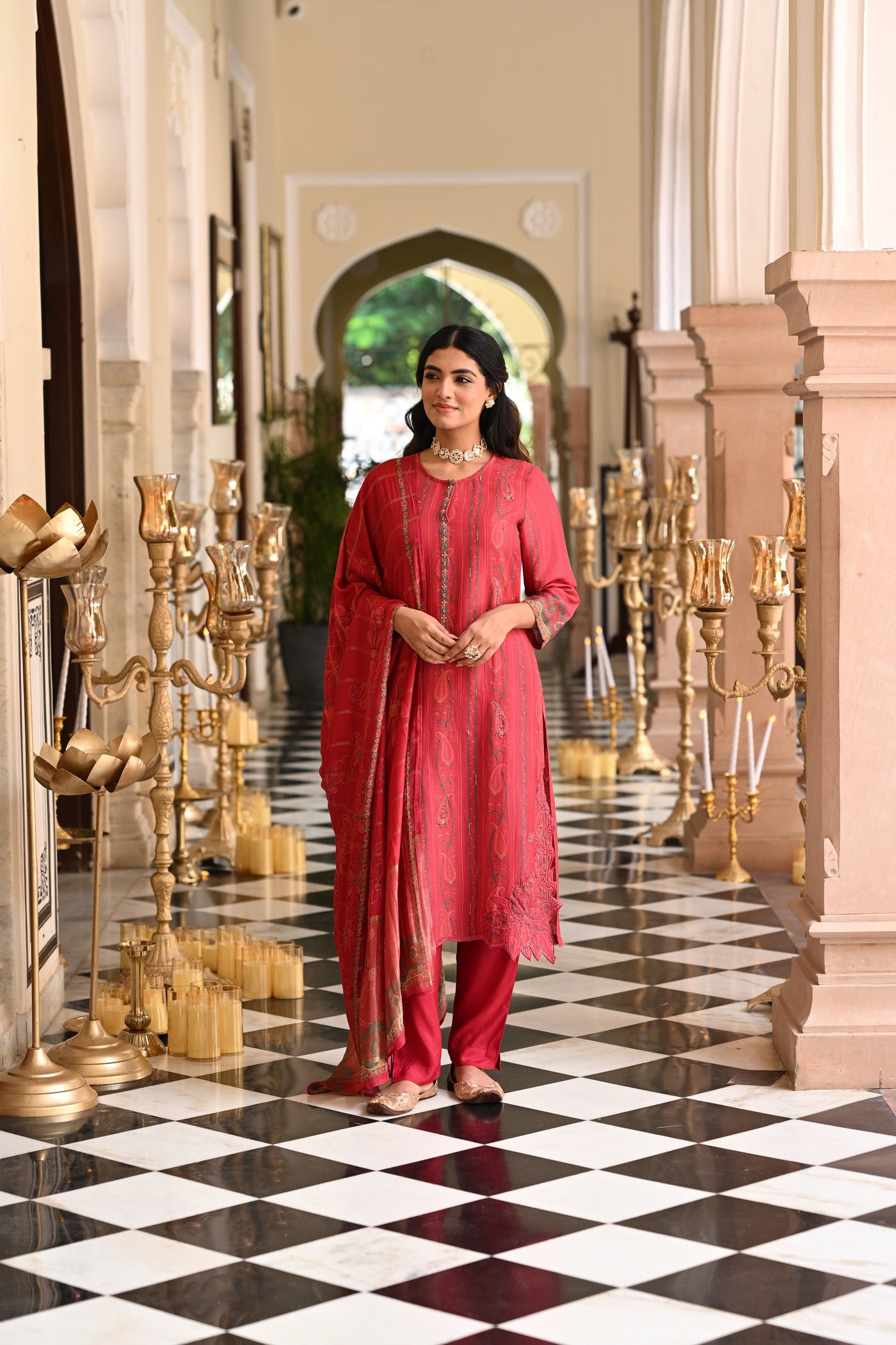 Cardinal Red Cut Work Scallope Kurta with Beads Work Paisley Print Kurta with Zari border Dupatta Suit Set