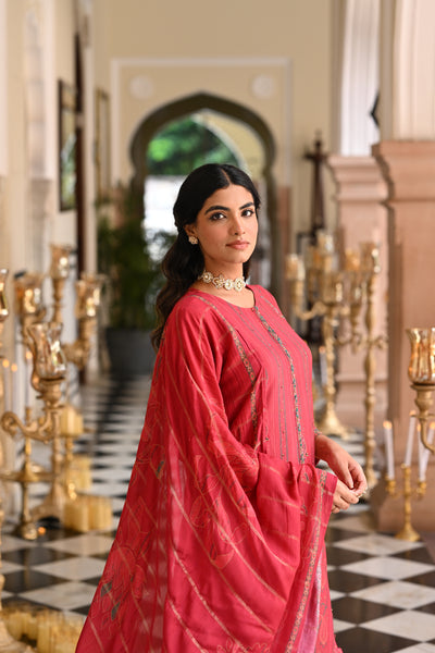 Cardinal Red Cut Work Scallope Kurta with Beads Work Paisley Print Kurta with Zari border Dupatta Suit Set