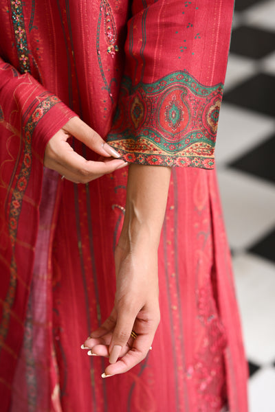 Cardinal Red Cut Work Scallope Kurta with Beads Work Paisley Print Kurta with Zari border Dupatta Suit Set