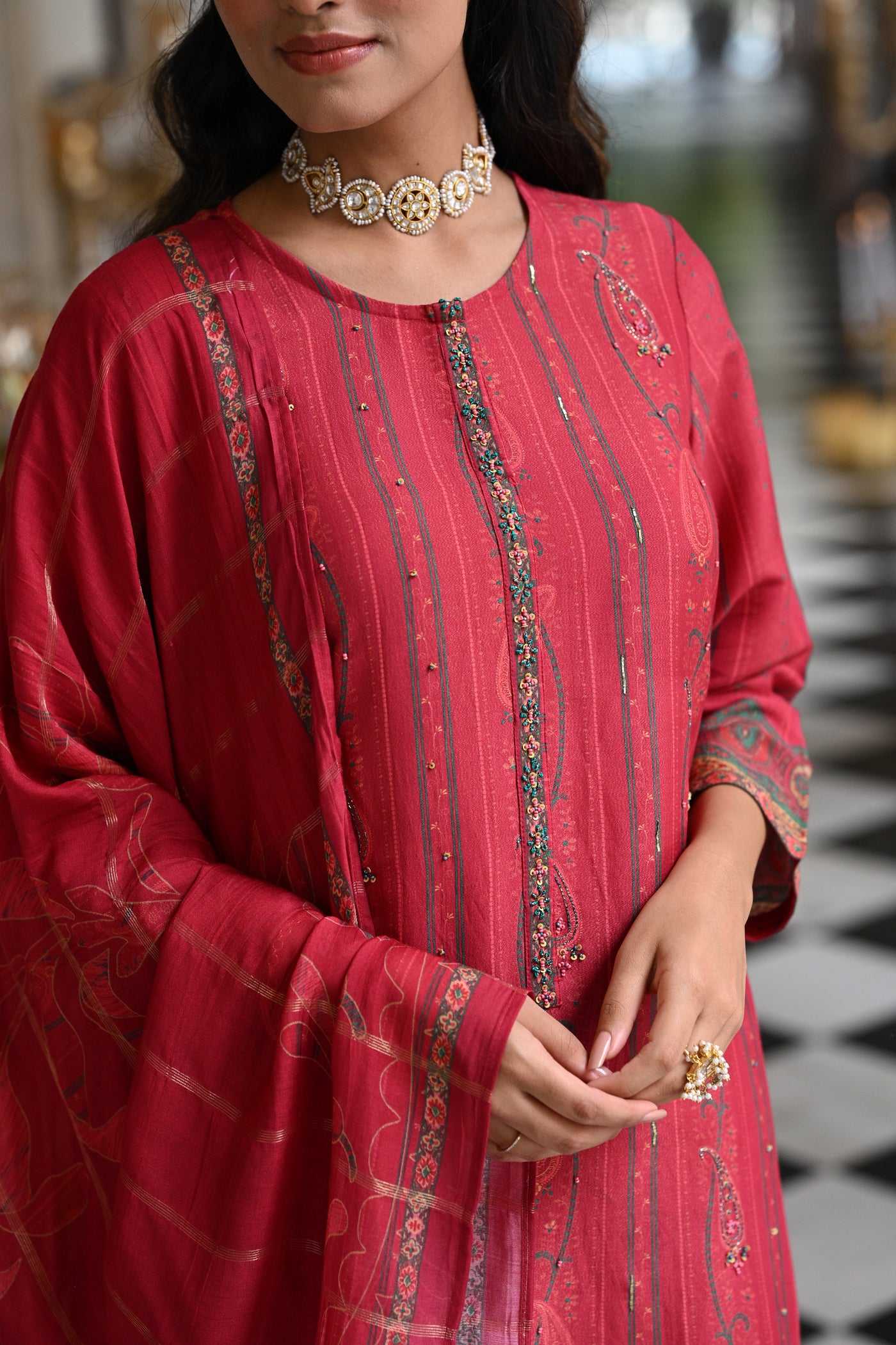Cardinal Red Cut Work Scallope Kurta with Beads Work Paisley Print Kurta with Zari border Dupatta Suit Set