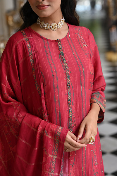 Cardinal Red Cut Work Scallope Kurta with Beads Work Paisley Print Kurta with Zari border Dupatta Suit Set